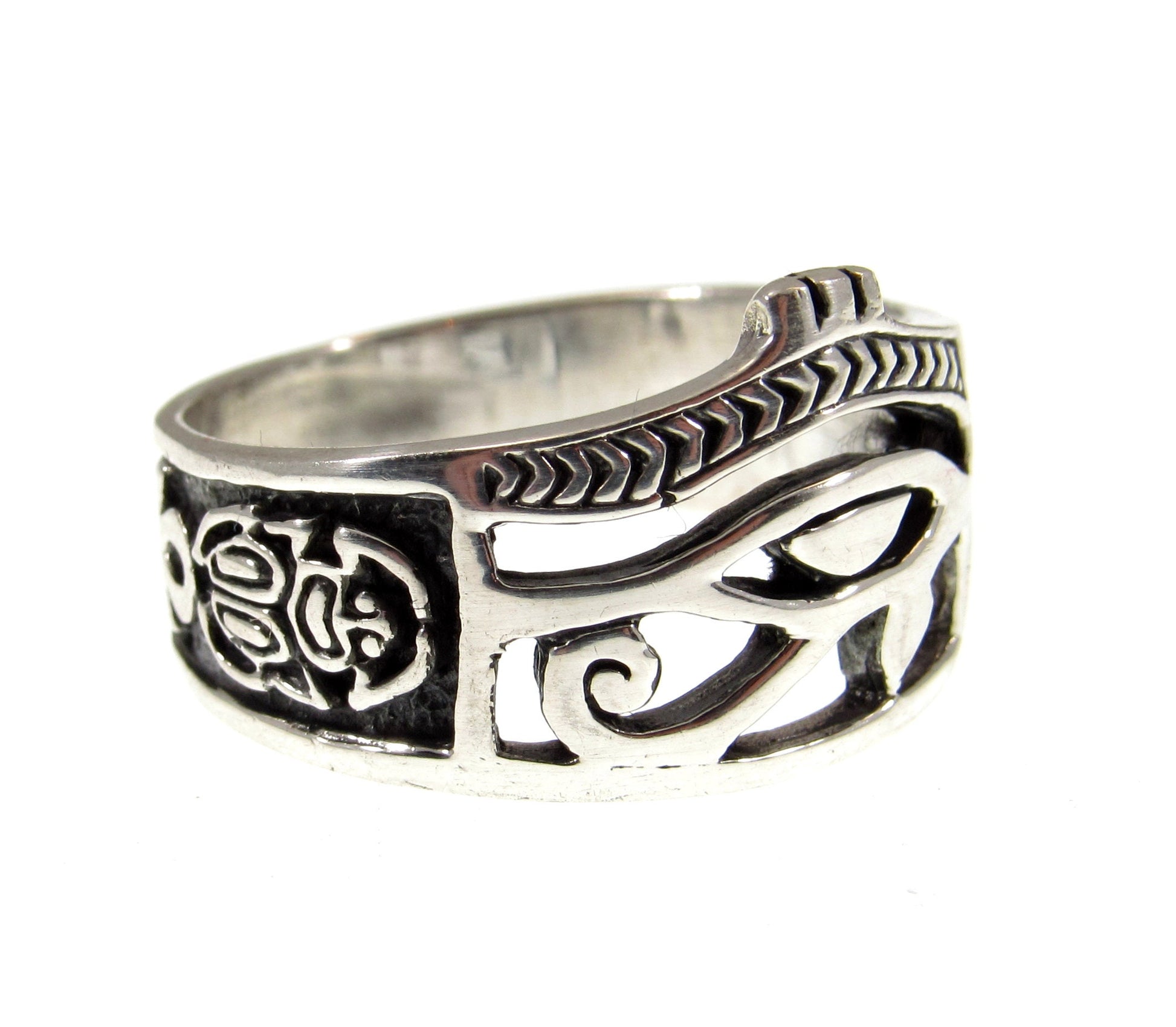 Solid 925 Sterling Silver Men's Eye of RA Ring, Handcrafted Egyptian Ankh & Scorpion Symbols Pendant on Nylon Cord, Sizes 10-14