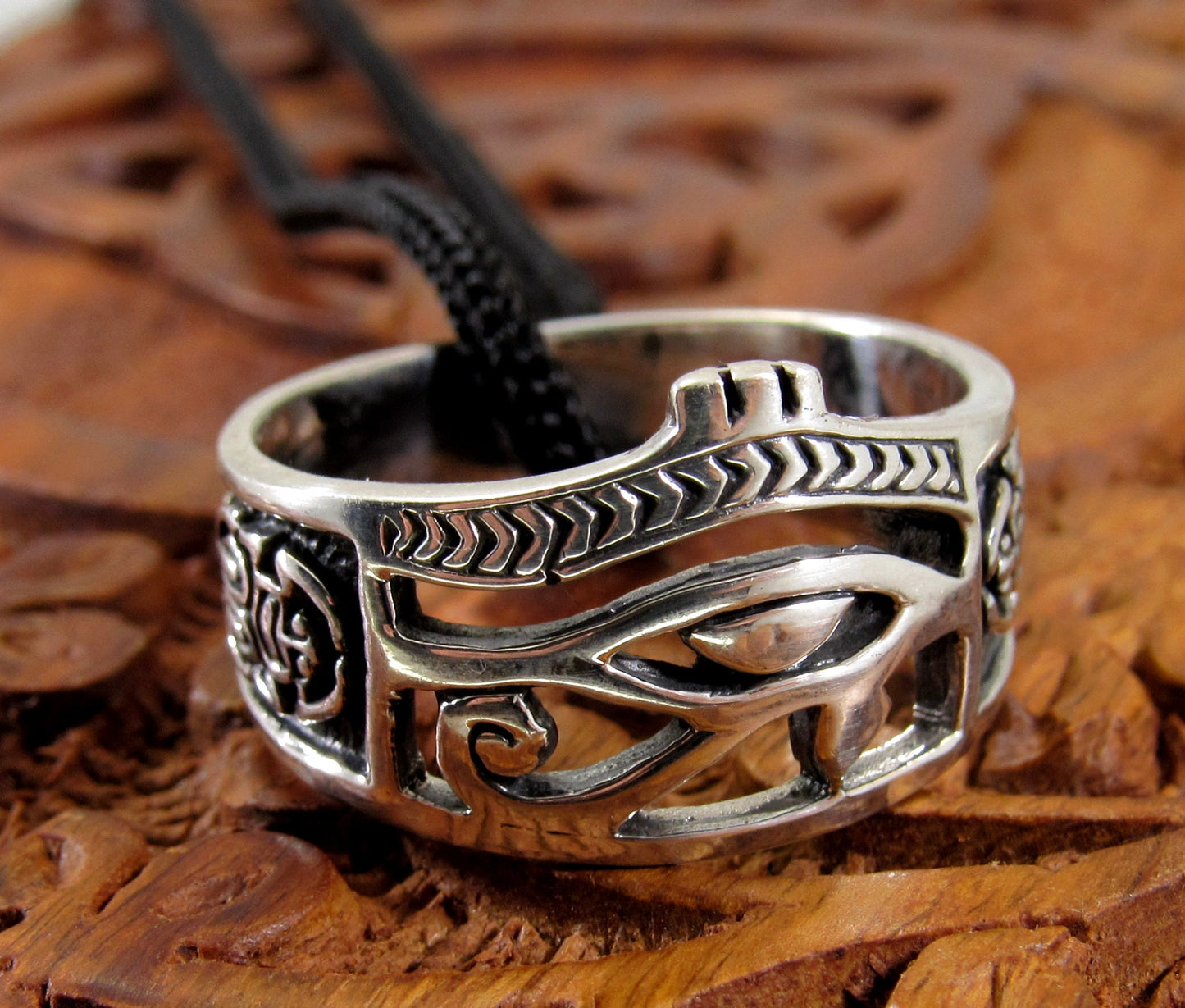 Solid 925 Sterling Silver Men's Eye of RA Ring, Handcrafted Egyptian Ankh & Scorpion Symbols Pendant on Nylon Cord, Sizes 10-14