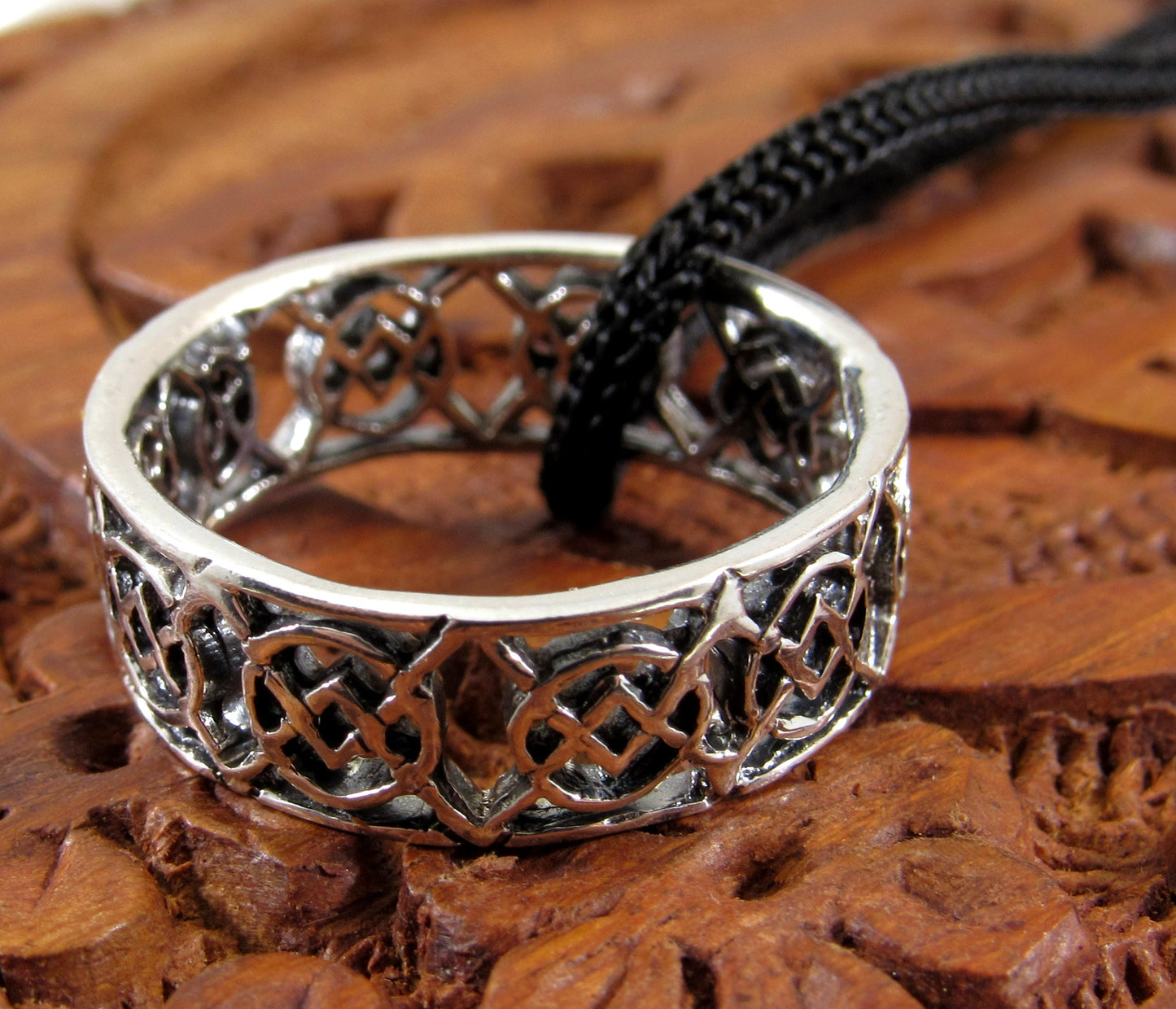 Solid 925 Sterling Silver Men's Celtic Knot Ring, Handcrafted Irish Gaelic Pendant on Nylon Cord, Sizes 10-14