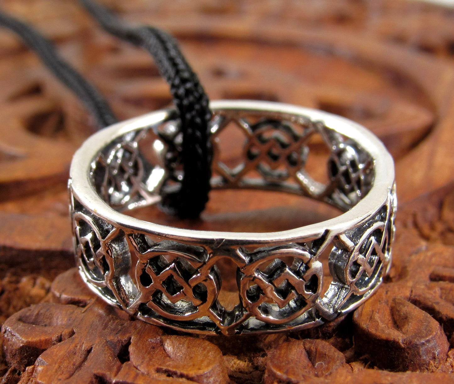 Solid 925 Sterling Silver Men's Celtic Knot Ring, Handcrafted Irish Gaelic Pendant on Nylon Cord, Sizes 10-14