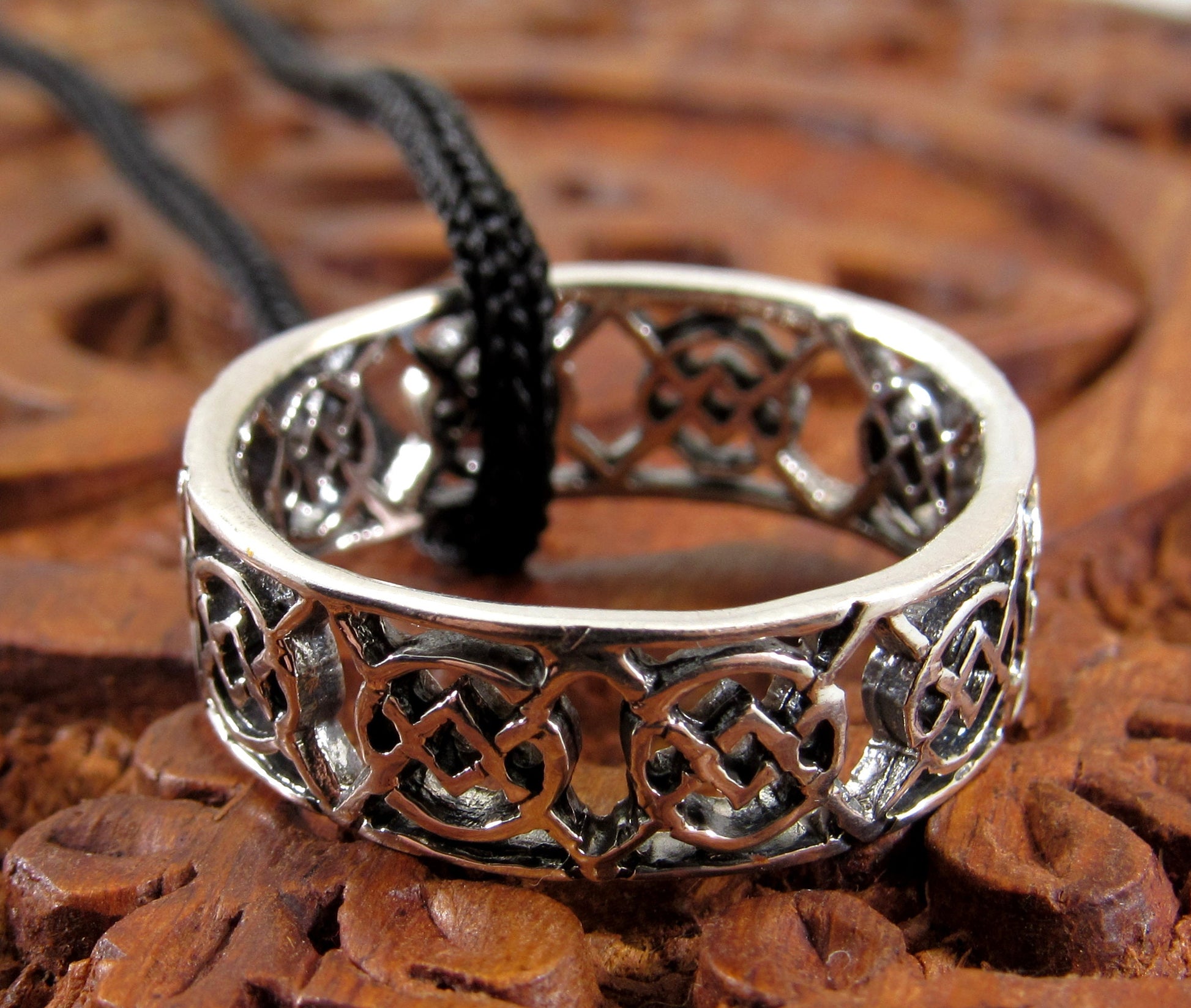 Solid 925 Sterling Silver Men's Celtic Knot Ring, Handcrafted Irish Gaelic Pendant on Nylon Cord, Sizes 10-14