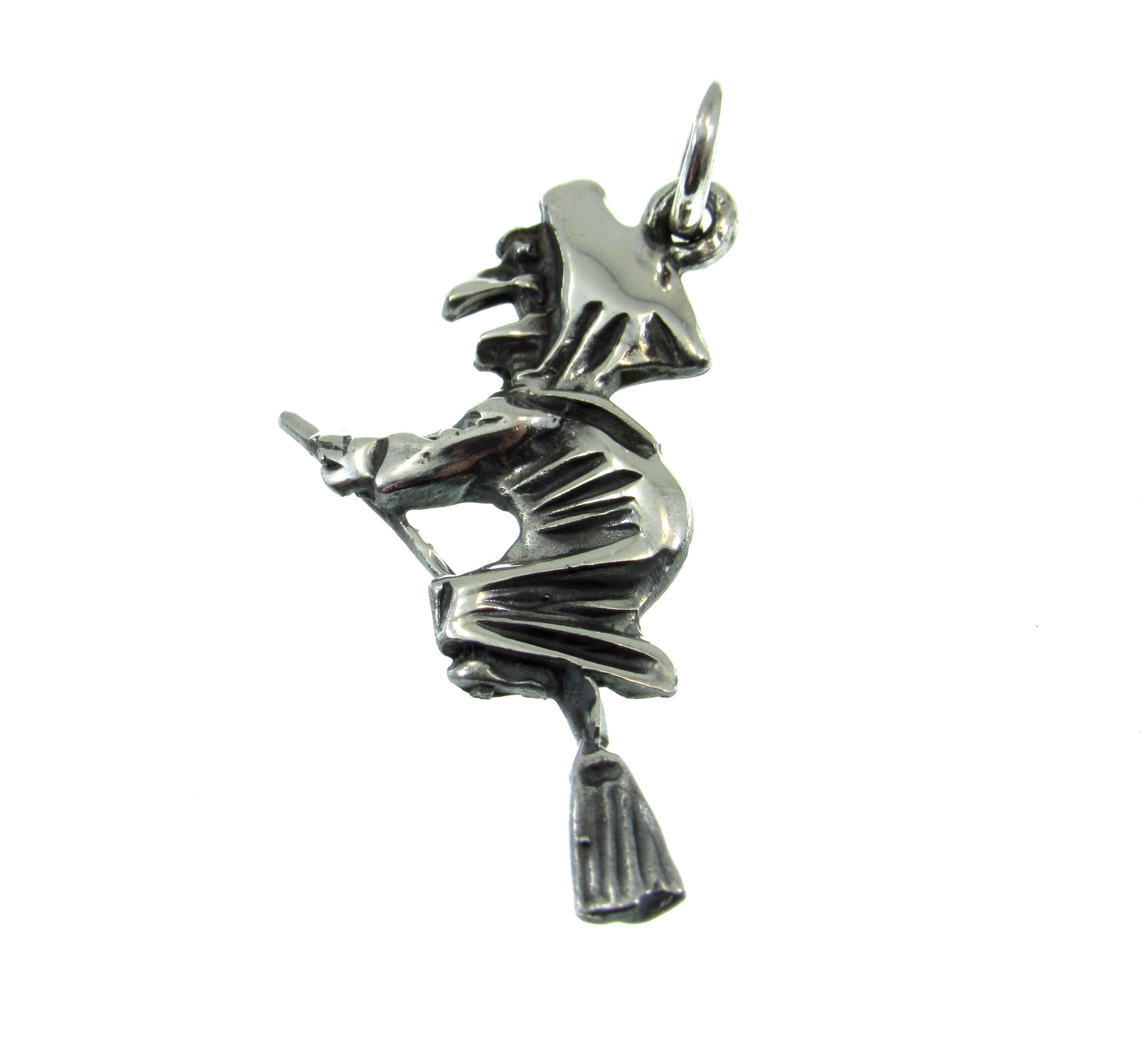 925 Sterling Silver Witch Flying on Broom Pendant