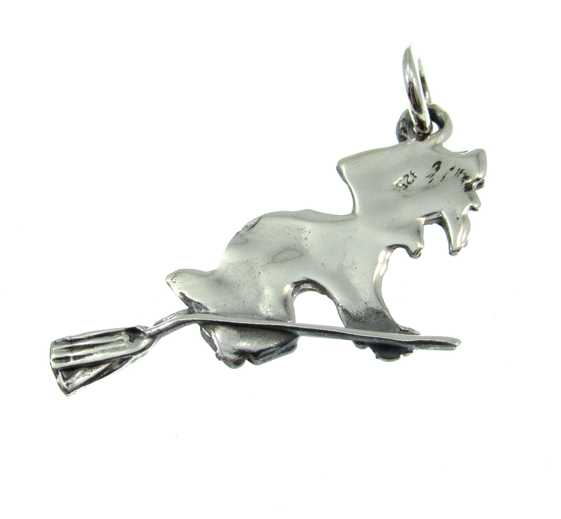 The solid sterling silver witch flying broom pendant is quality stamped 925 for purity and weighs 3 grams.