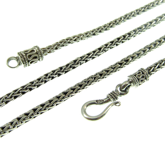 2.5MM Solid 925 Sterling Silver Handmade Bali Foxtail Weave Chain, Braided Unisex Necklace or Bracelet, Woven Rustic Oxidized Jewelry
