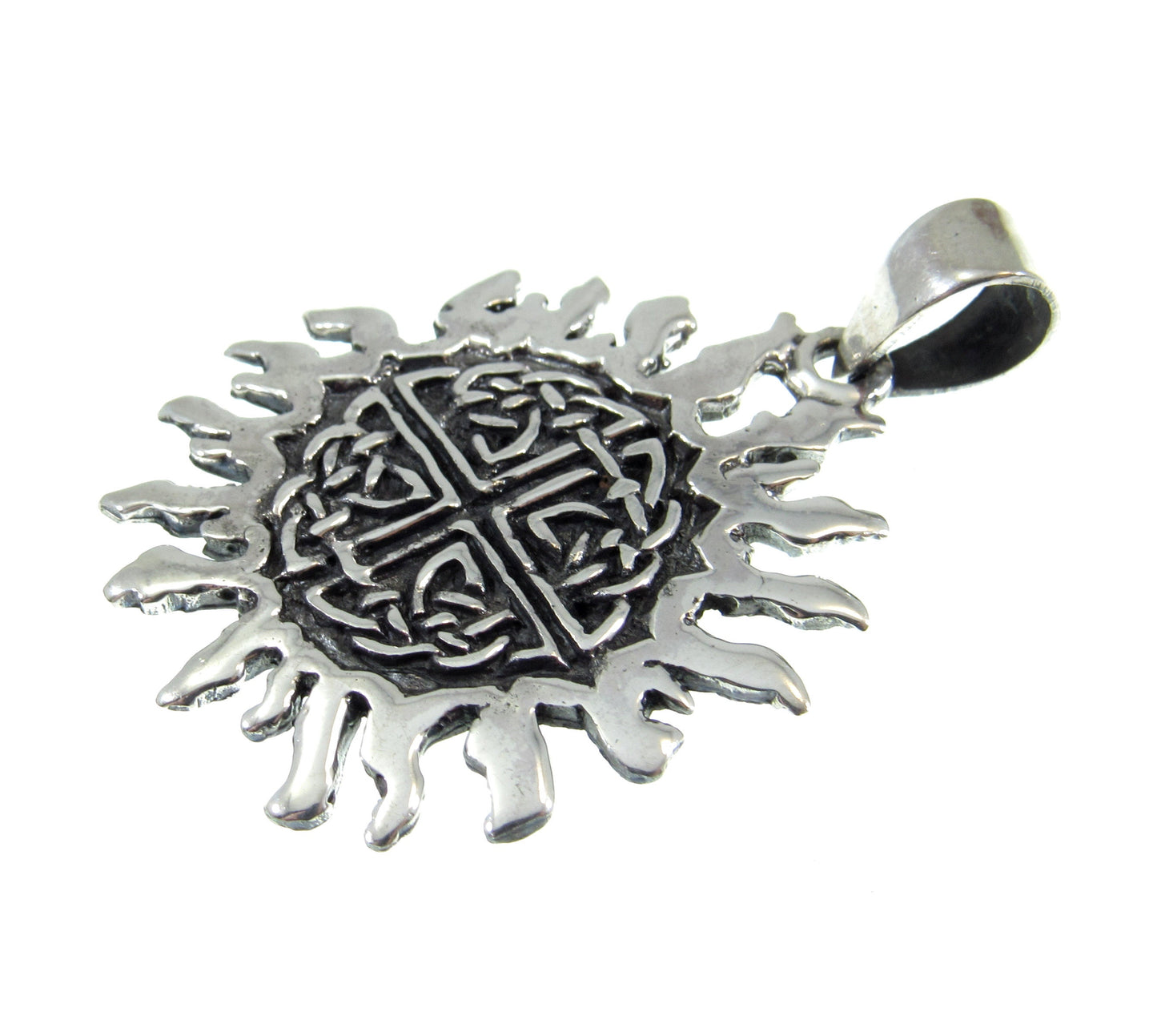 Solid 925 Sterling Silver Celtic Quaternary Knot on Sun Pendant with Solar Rays, Men's Gaelic Jewelry, Men's Silver Amulet for Men
