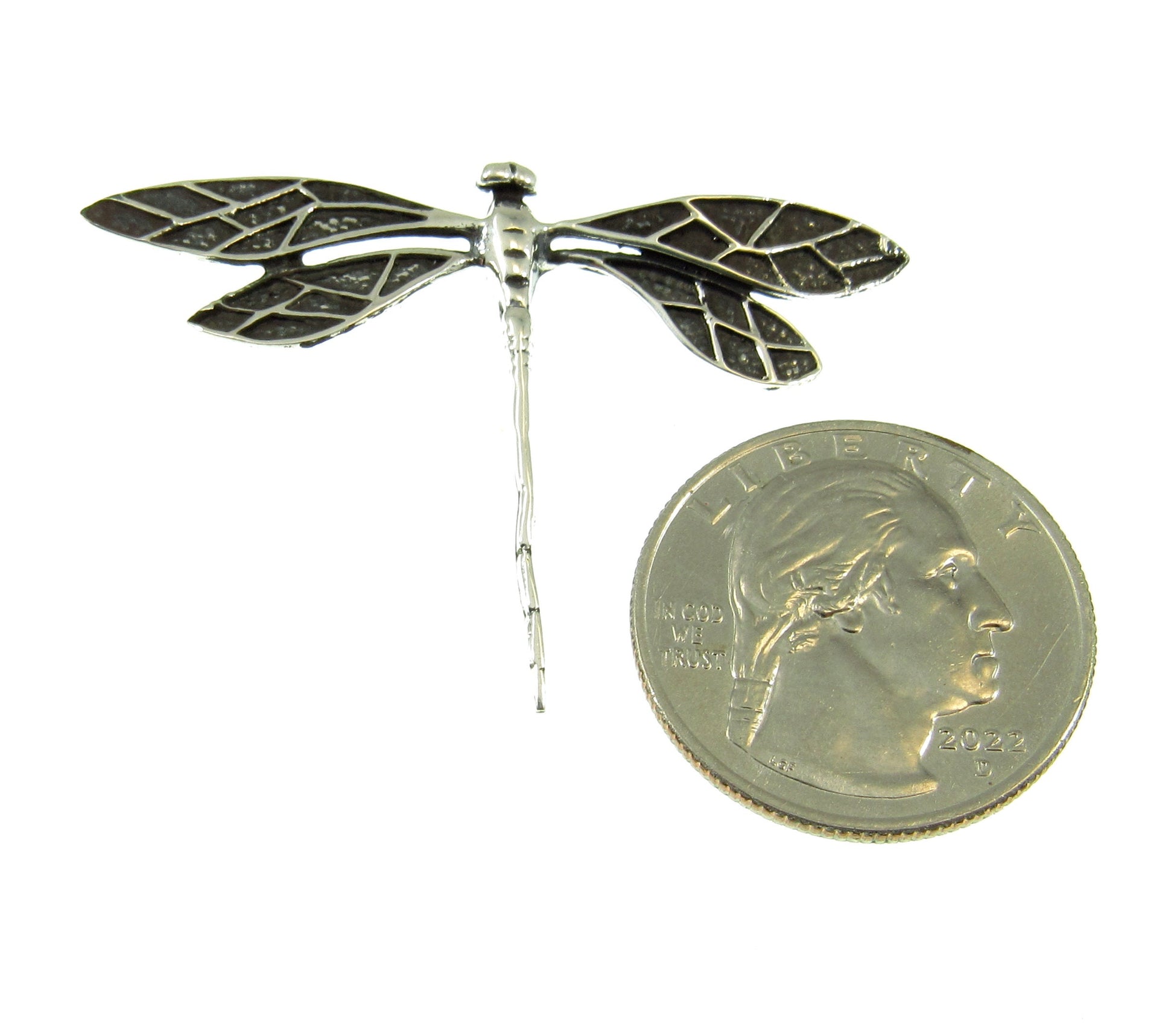 The sterling silver dragonly slide pendant measures 1 5/16 inches long and 1 7/8 inches wide. The bail measures 2.5mm wide.