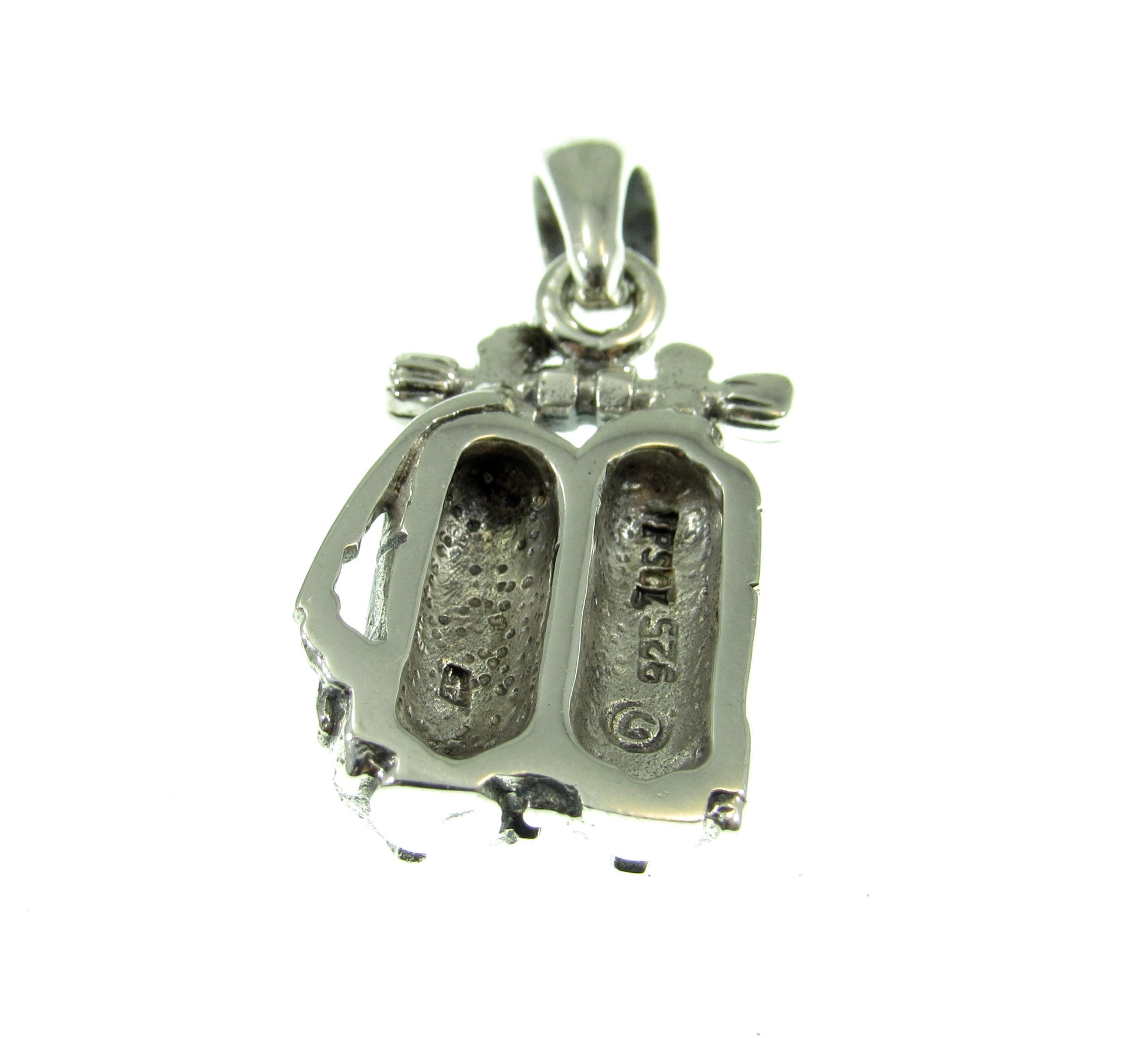 The scuba diver air tanks pendant is quality stamped 925 for purity and weighs 4 grams of solid sterling silver