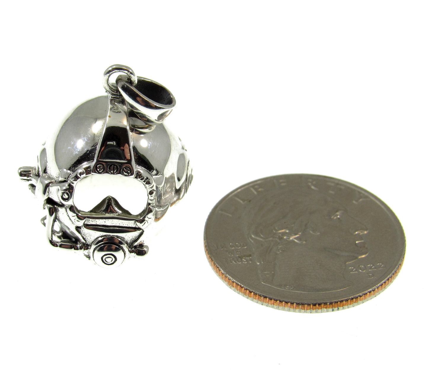 The 3D design scuba diver helmet measures 1 1/8 inches long by 3/4 inches wide