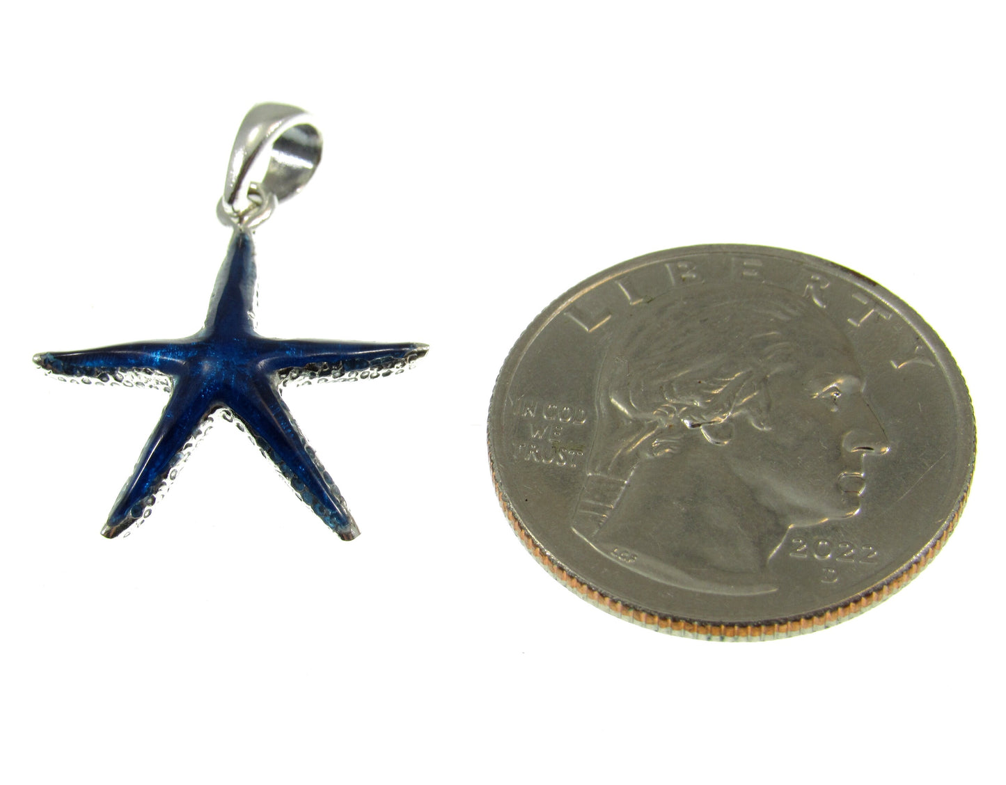 Smaller than a US quarter, the blue enamel starfish pendant measures 1 1/16 inches long by 3/4 inches wide