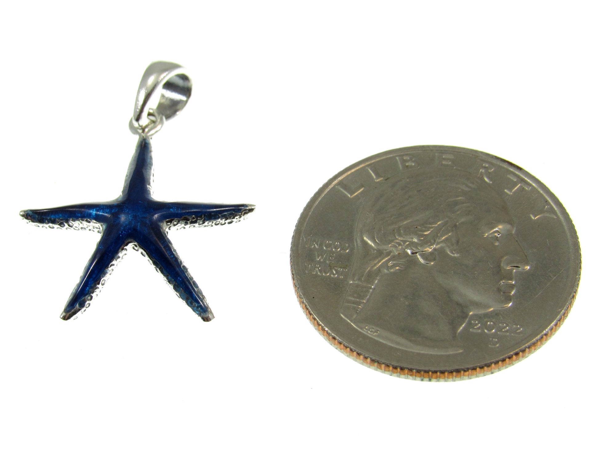 Smaller than a US quarter, the blue enamel starfish pendant measures 1 1/16 inches long by 3/4 inches wide