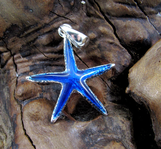 The starfish pendant is inlaid with deep blue enamel and hand cast in solid sterling silver