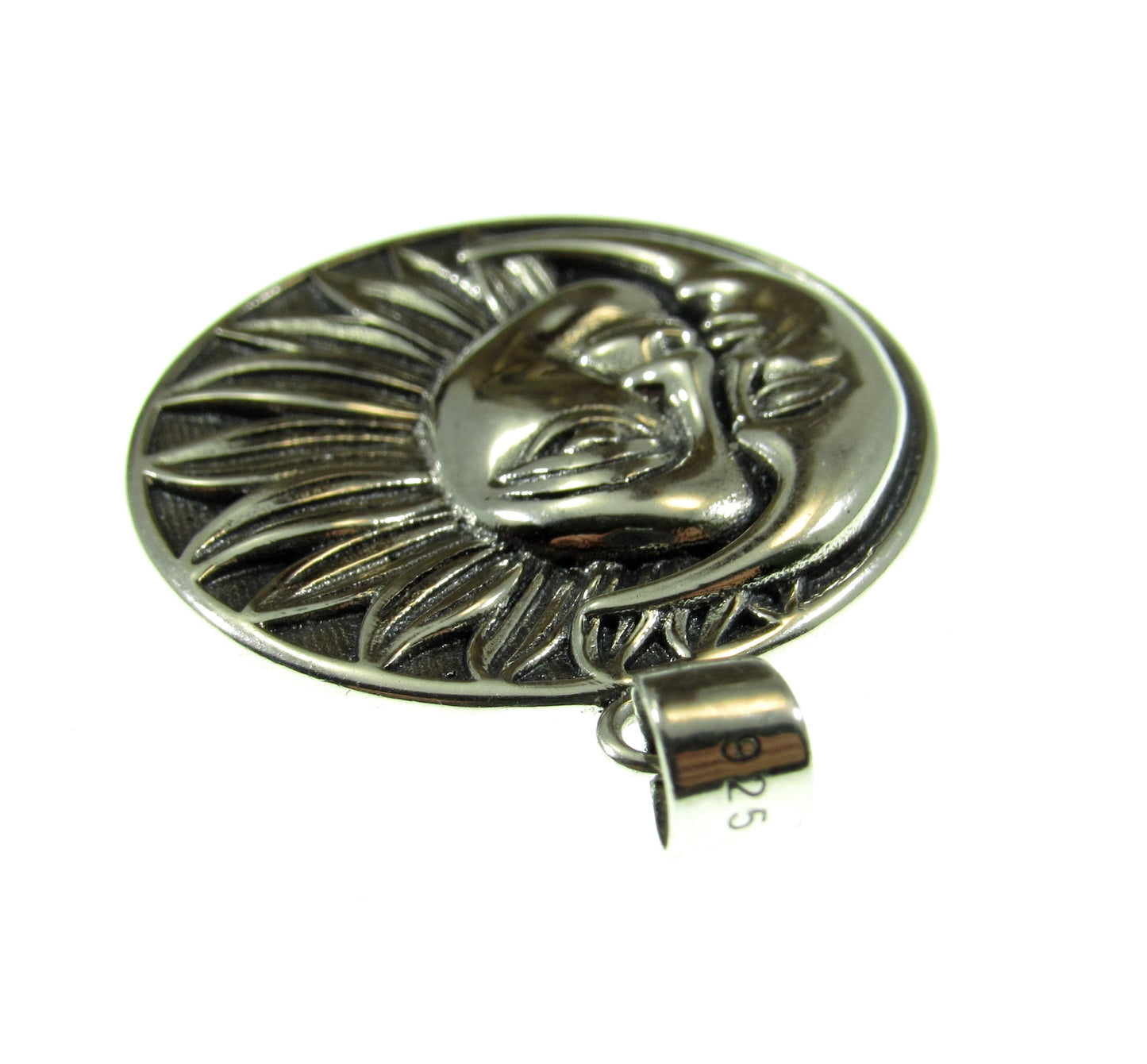 The bail on the crescent moon and sun faces pendant is quality stamped 925 for purity and weighs 4.7 grams of sterling silver.