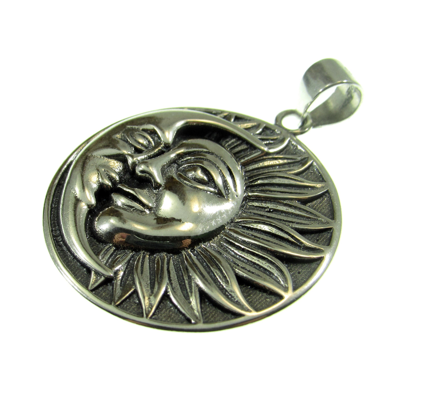 Solid 925 Sterling Silver Crescent Moon & Sun Rays with Faces Pendant - Celestial Jewelry Amulet - Cosmic Necklace Charm