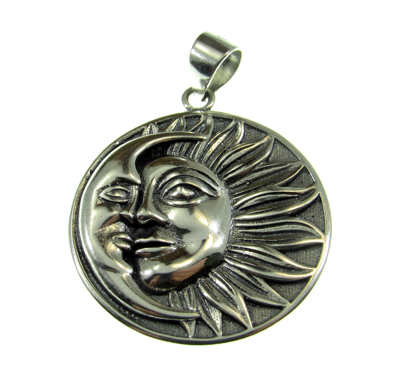 Solid 925 Sterling Silver Crescent Moon & Sun Rays with Faces Pendant - Celestial Jewelry Amulet - Cosmic Necklace Charm