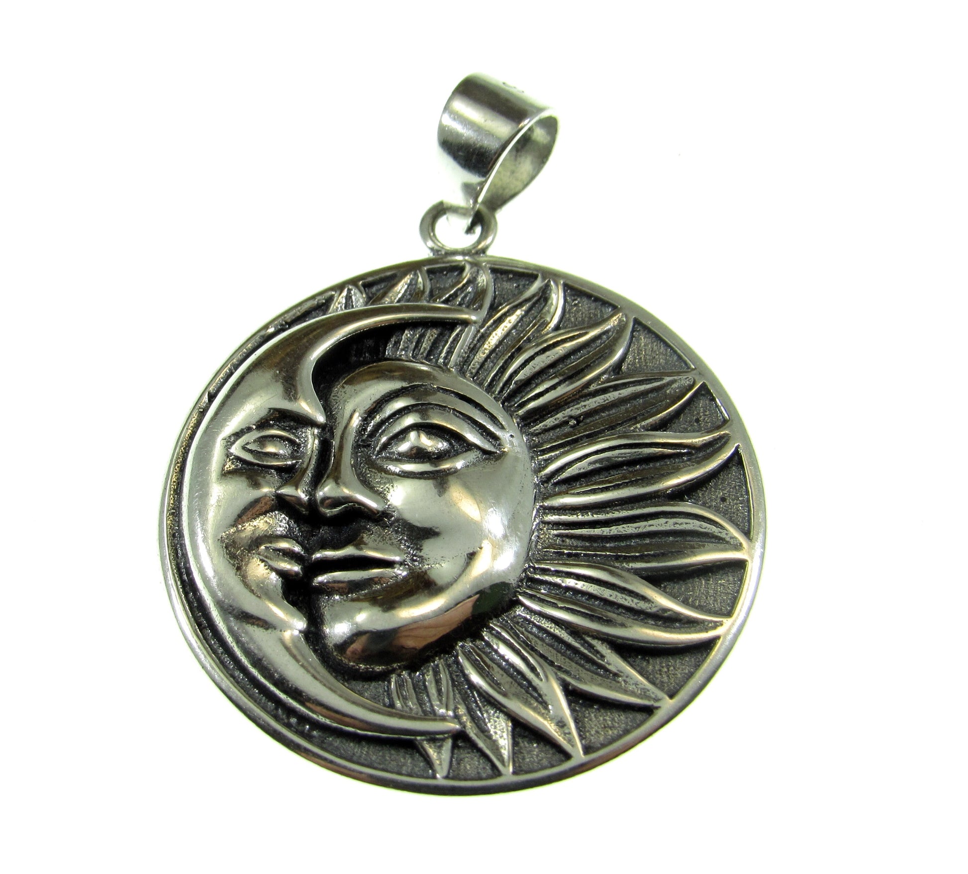 Solid 925 Sterling Silver Crescent Moon & Sun Rays with Faces Pendant - Celestial Jewelry Amulet - Cosmic Necklace Charm