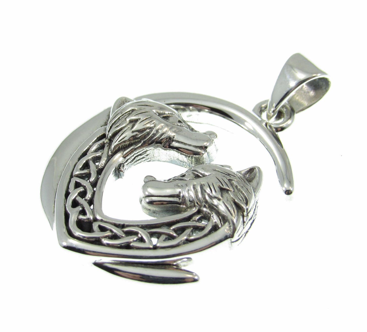 Solid 925 Sterling Silver Wolf Moon Celtic Knot Pendant, Handcrafted Jewelry With Two Wolves Under Crescent Moon, Unique Mystical Amulet