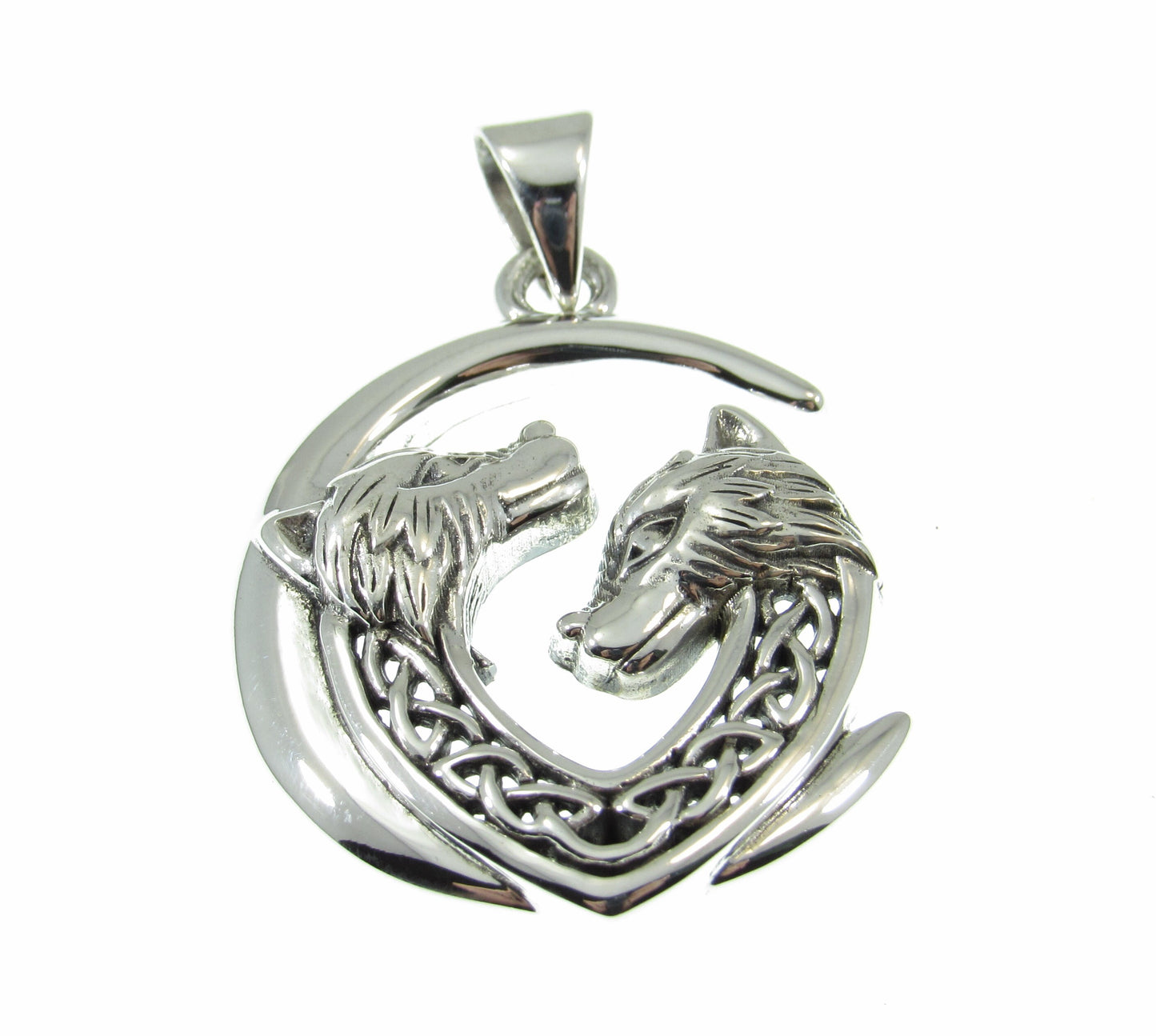 Solid 925 Sterling Silver Wolf Moon Celtic Knot Pendant, Handcrafted Jewelry With Two Wolves Under Crescent Moon, Unique Mystical Amulet
