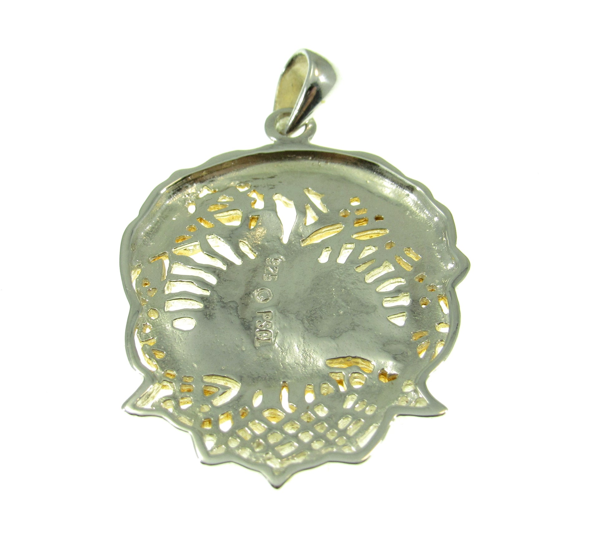 The sterling silver and 14k gold vermeil Celtic tree of life pendant is quality stamped 925 on the reverse and weighs 6.2 grams.