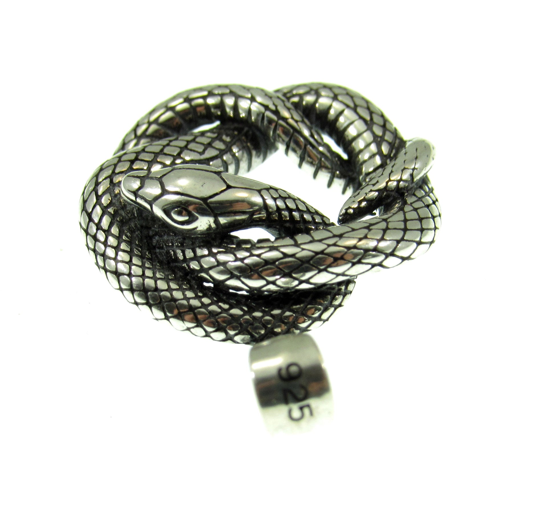 The bail of the interwoven snake pendant is stamped 925 for purity.