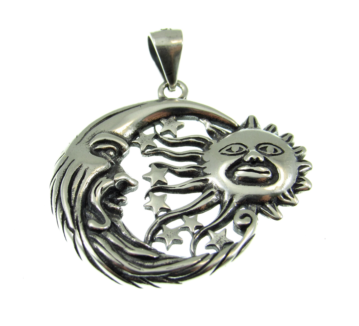 Solid 925 Sterling Silver Sun & Moon Pendant with Stars – Handcrafted Celestial Jewelry – Astrology Charm – Cosmic Sun Face Necklace Pendant