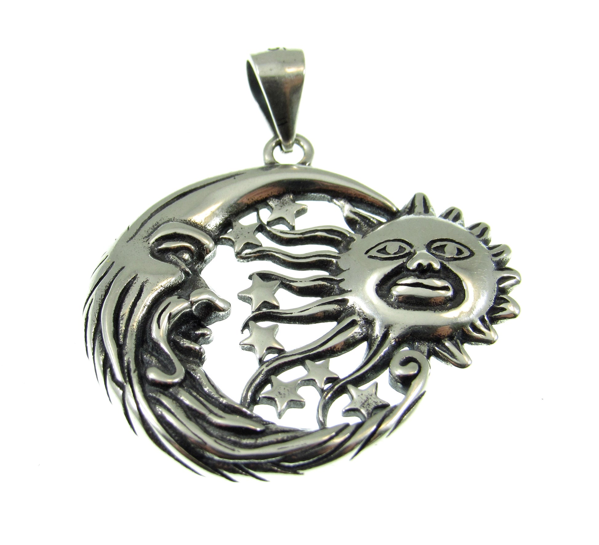 Solid 925 Sterling Silver Sun & Moon Pendant with Stars – Handcrafted Celestial Jewelry – Astrology Charm – Cosmic Sun Face Necklace Pendant