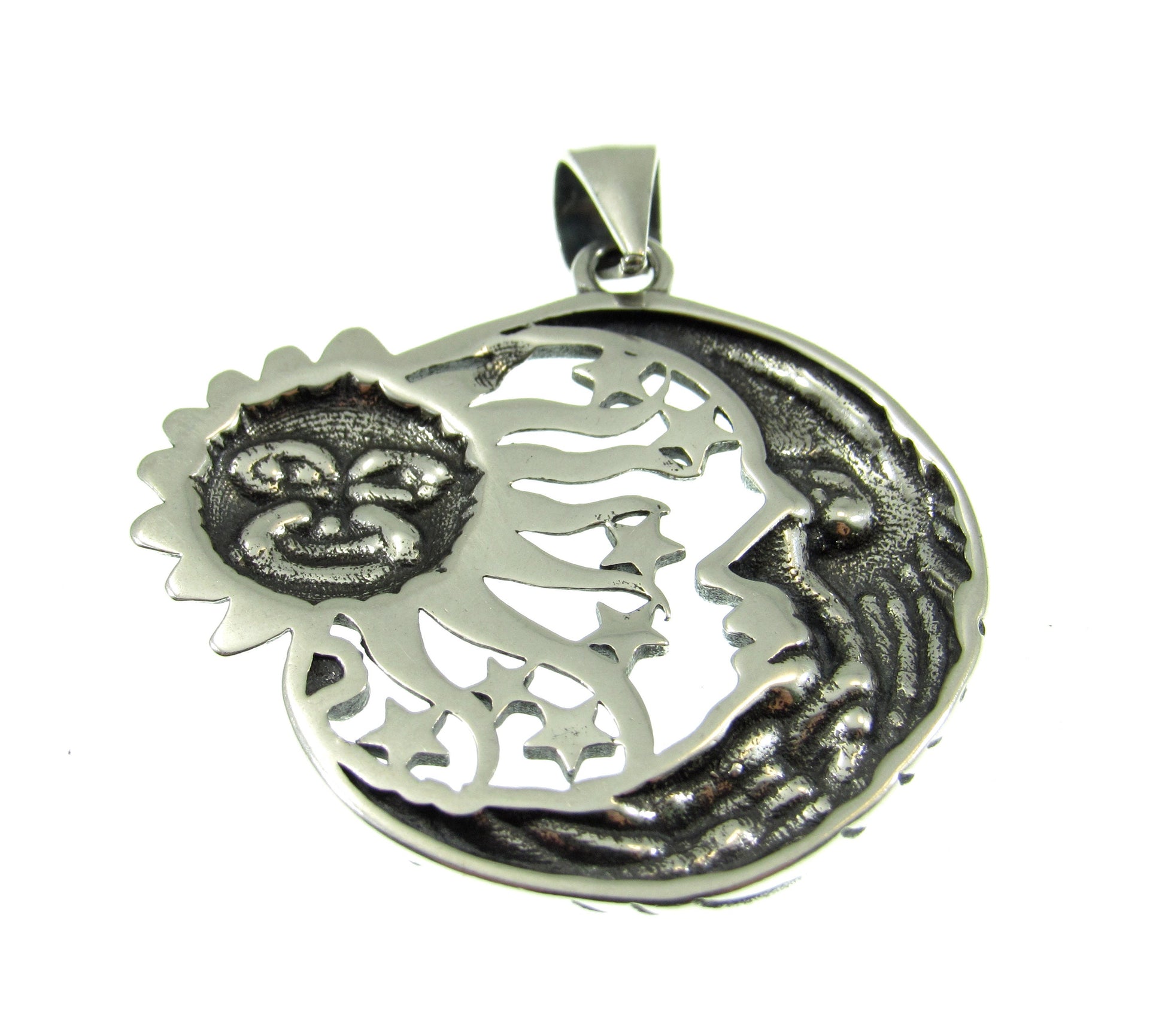 Solid 925 Sterling Silver Sun & Moon Pendant with Stars – Handcrafted Celestial Jewelry – Astrology Charm – Cosmic Sun Face Necklace Pendant