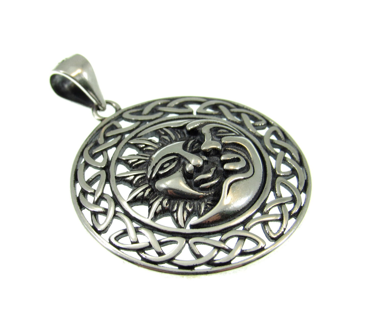 Solid 925 Sterling Silver Celtic Crescent Moon & Sun Faces Pendant - Cosmic Necklace Charm - Handcrafted Celestial / Astrology Jewelry