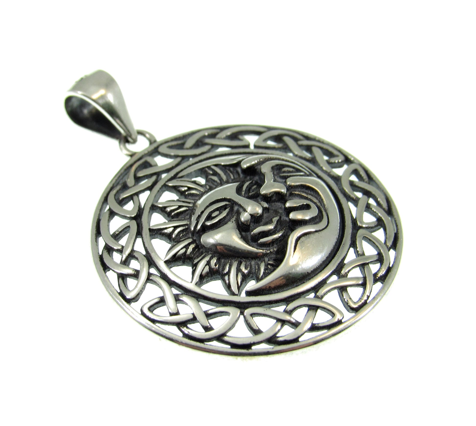 Solid 925 Sterling Silver Celtic Crescent Moon & Sun Faces Pendant - Cosmic Necklace Charm - Handcrafted Celestial / Astrology Jewelry