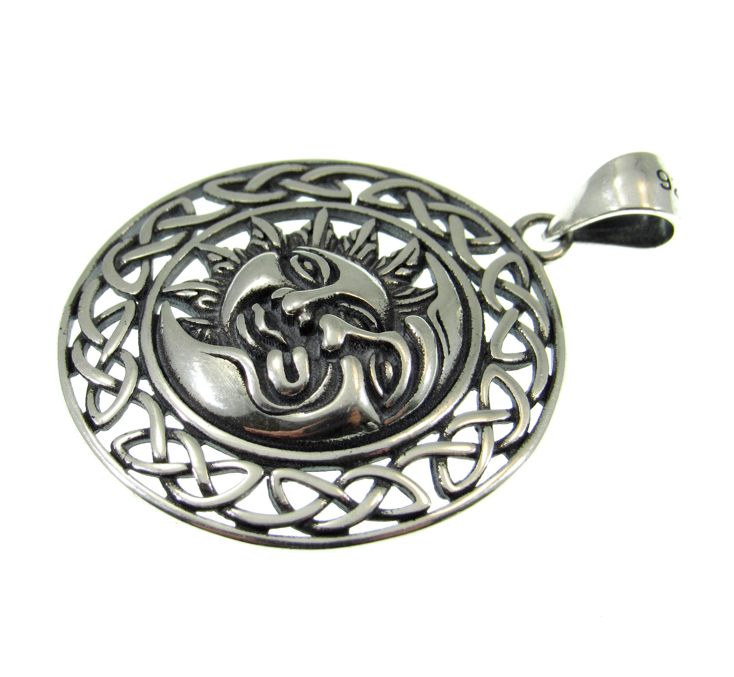 Solid 925 Sterling Silver Celtic Crescent Moon & Sun Faces Pendant - Cosmic Necklace Charm - Handcrafted Celestial / Astrology Jewelry