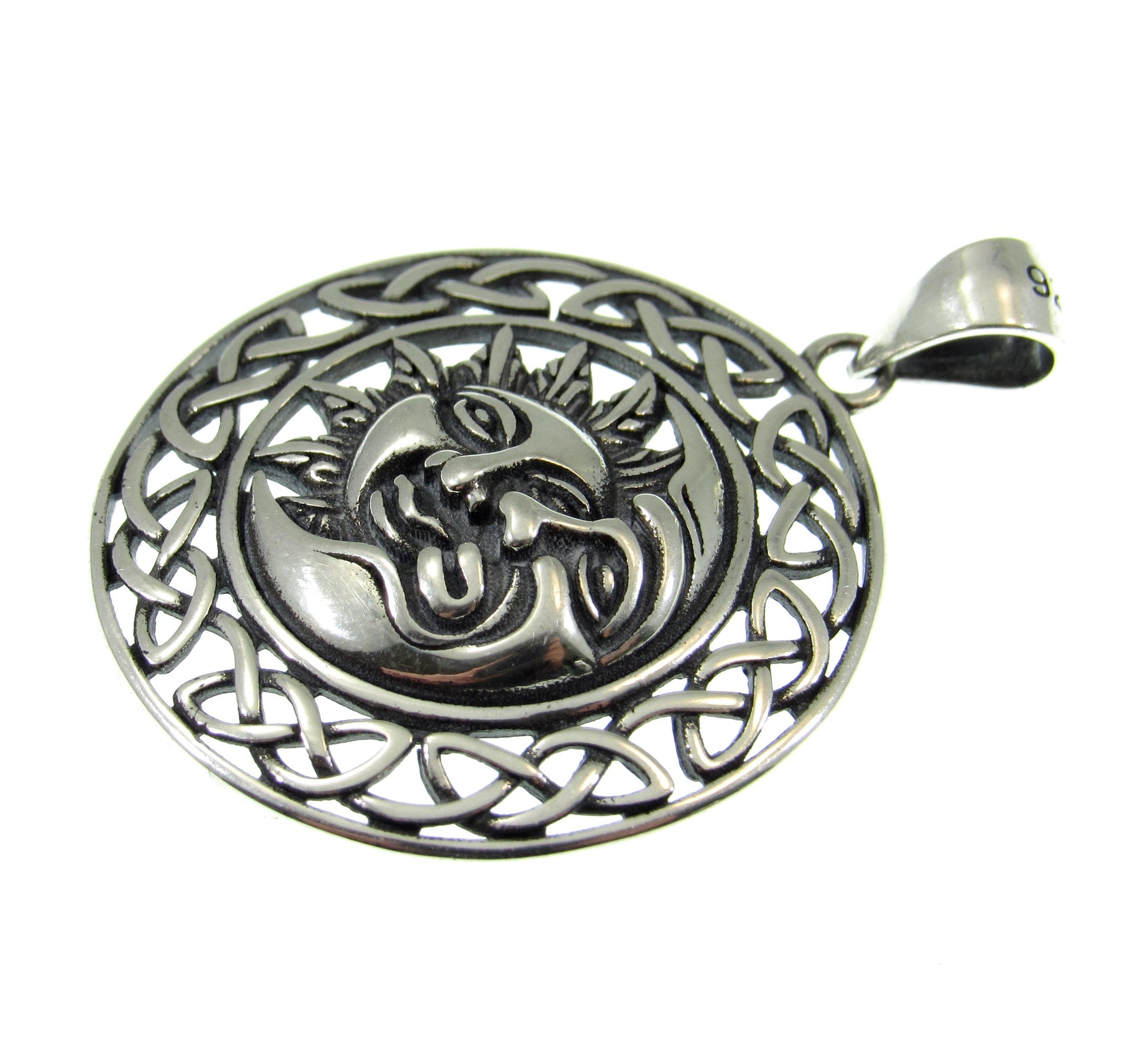 Solid 925 Sterling Silver Celtic Crescent Moon & Sun Faces Pendant - Cosmic Necklace Charm - Handcrafted Celestial / Astrology Jewelry