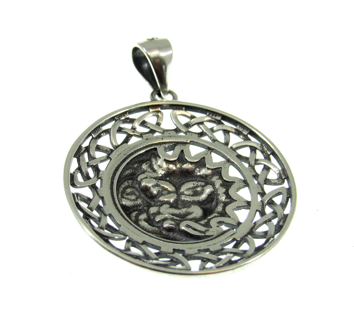 Solid 925 Sterling Silver Celtic Crescent Moon & Sun Faces Pendant - Cosmic Necklace Charm - Handcrafted Celestial / Astrology Jewelry