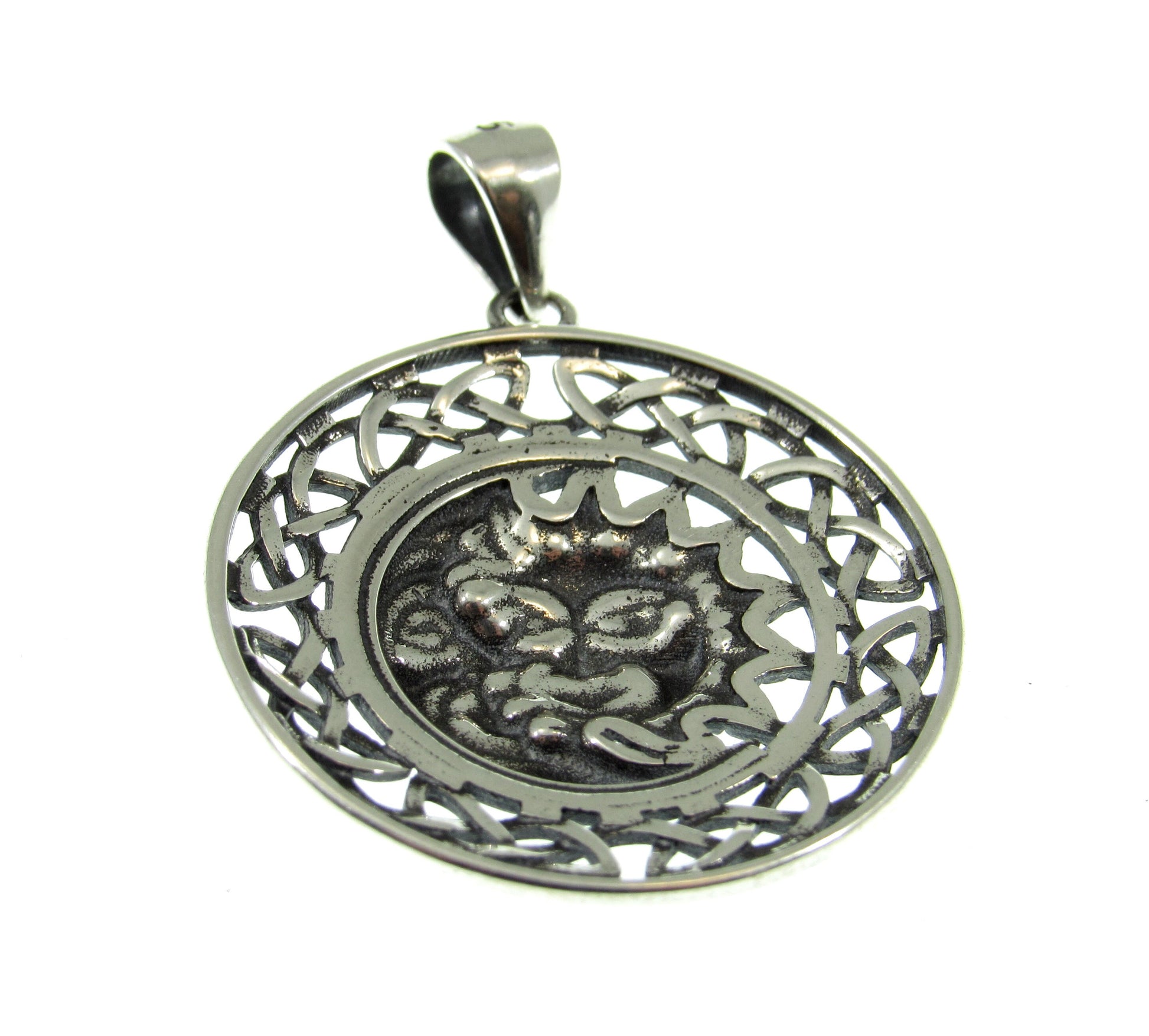 Solid 925 Sterling Silver Celtic Crescent Moon & Sun Faces Pendant - Cosmic Necklace Charm - Handcrafted Celestial / Astrology Jewelry