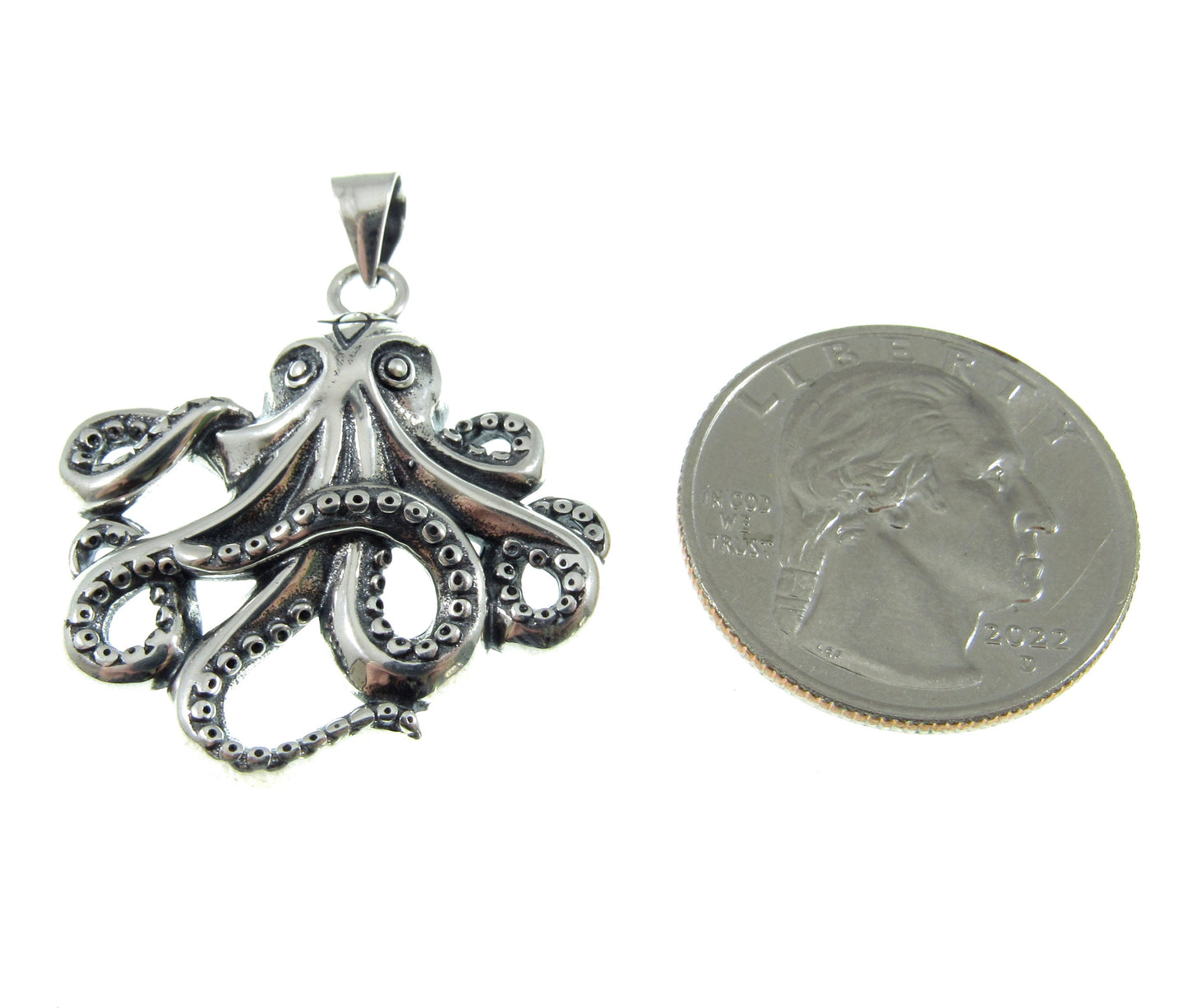 A bit larger than a US Quarter, the sterling silver octopus with tentacles pendant measures 1 7/16 inches long including the bail, and 1 3/16 inches wide.