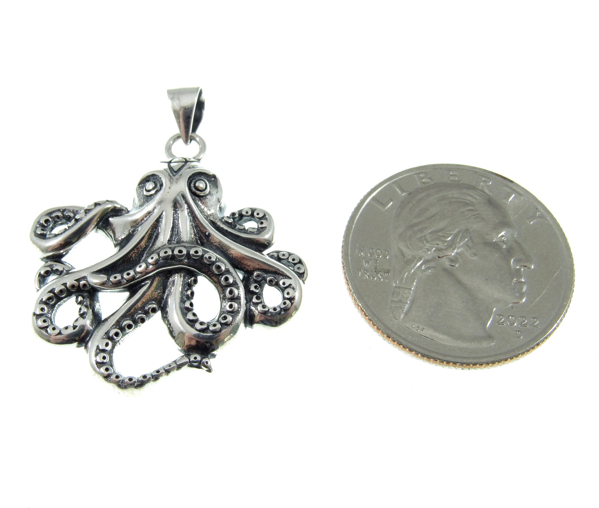 A bit larger than a US Quarter, the sterling silver octopus with tentacles pendant measures 1 7/16 inches long including the bail, and 1 3/16 inches wide.
