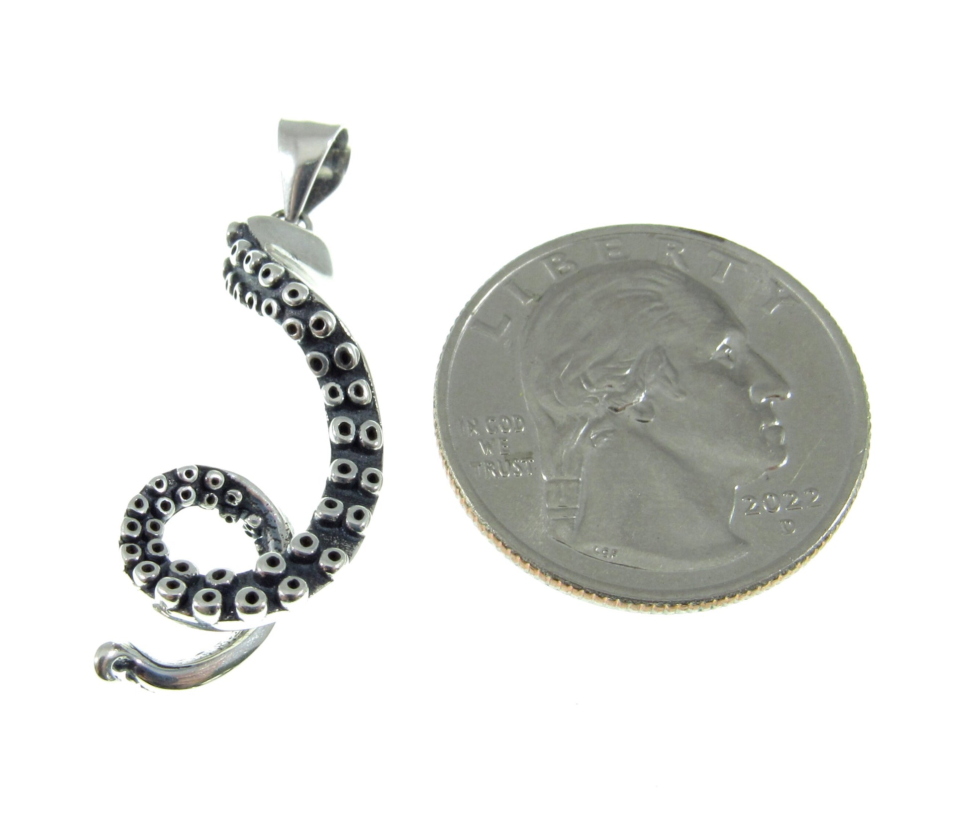 A bit longer than a US Quarter, this Octopus Tentacle Pendant Measures 1 3/8 Inches Long Including the Bail and 3/8 Inches Wide