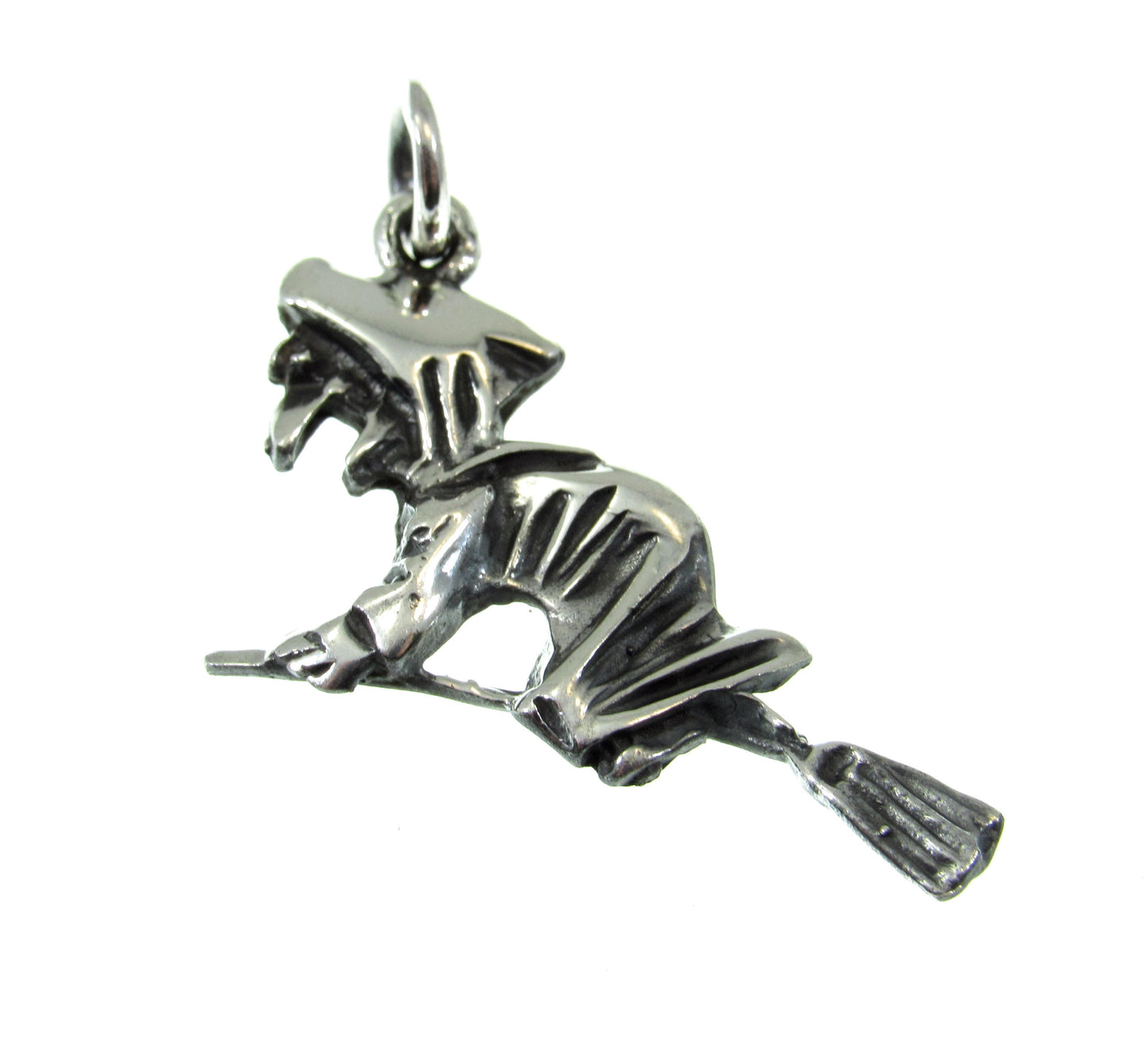925 Sterling Silver Witch Flying on Broom Pendant