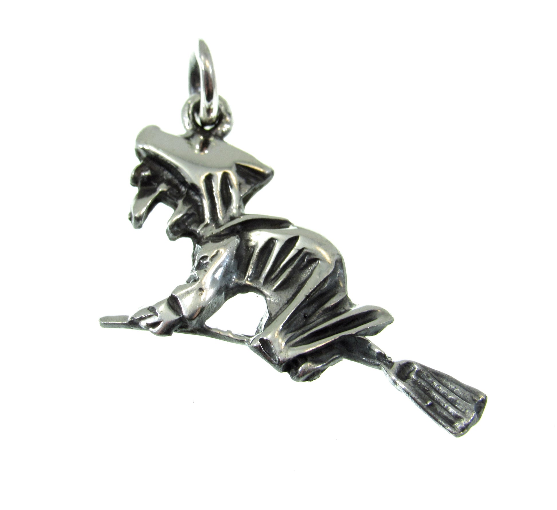 925 Sterling Silver Witch Flying on Broom Pendant