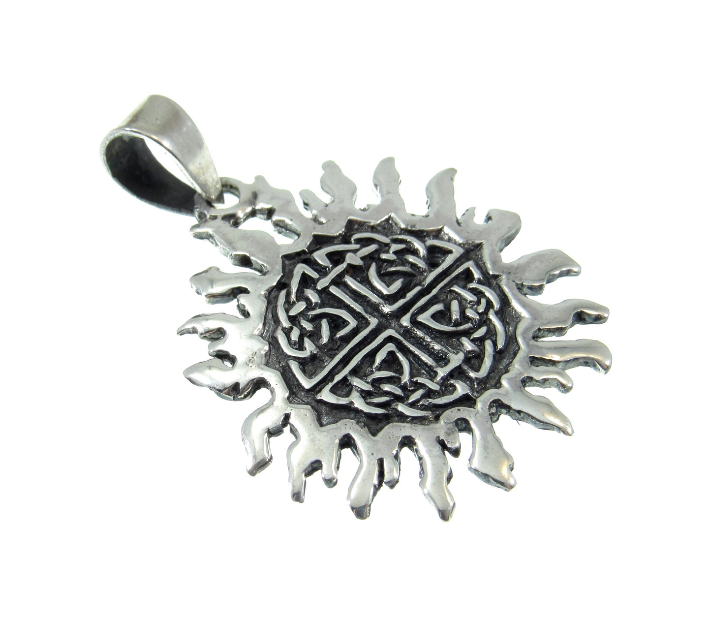 Solid 925 Sterling Silver Celtic Quaternary Knot on Sun Pendant with Solar Rays, Men's Gaelic Jewelry, Men's Silver Amulet for Men