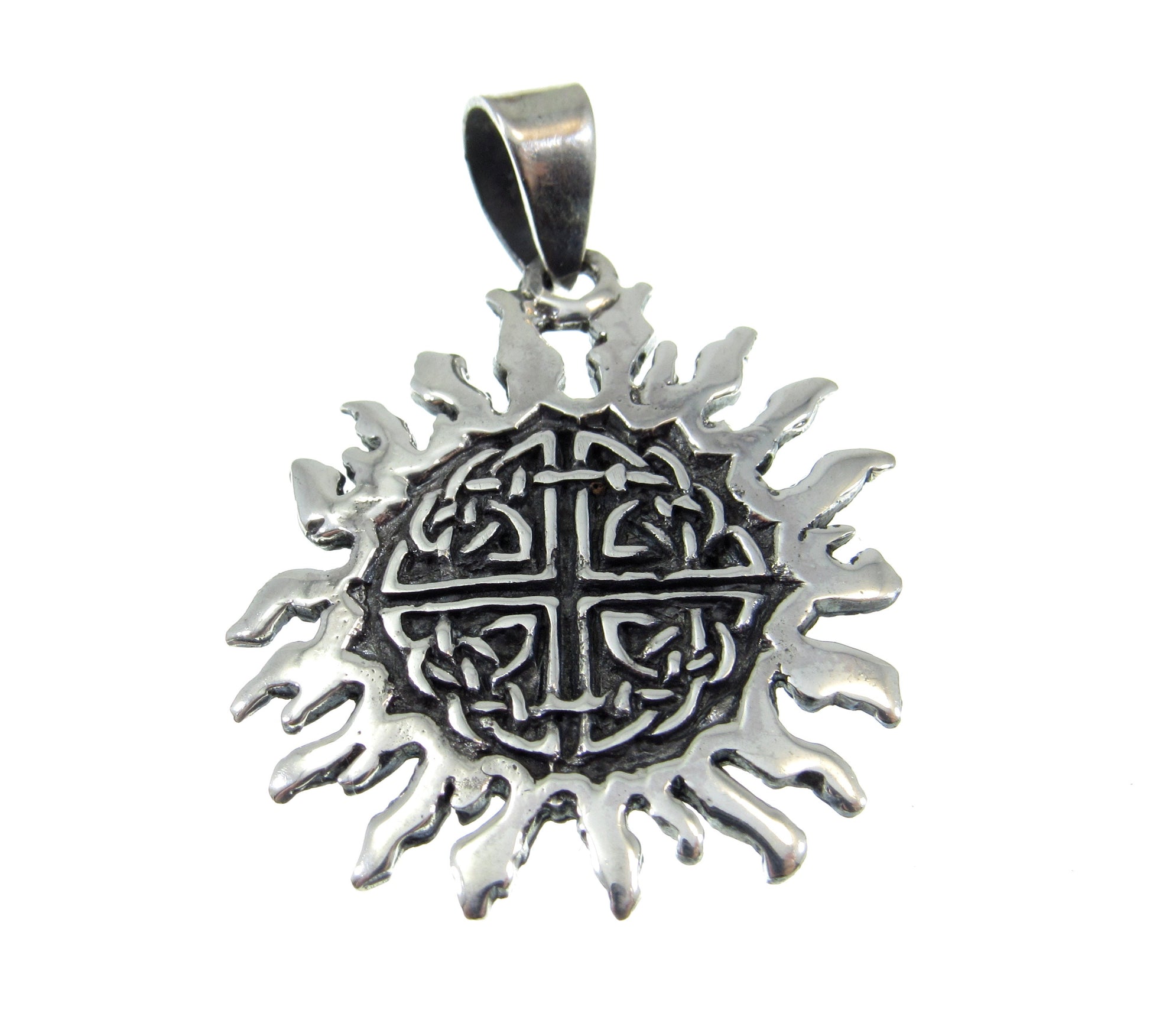 The sterling silver Celtic quaternary sun pendant is oxidized in the recesses and high polished on the relief to really make the design pop.