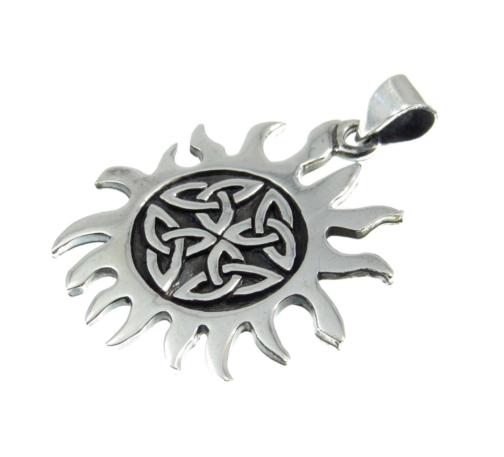 Solid 925 Sterling Silver Celtic Sun Pendant – Triquetra Solar Knot Necklace Charm – Paganism Festival Jewelry – Wiccan Fire Symbol