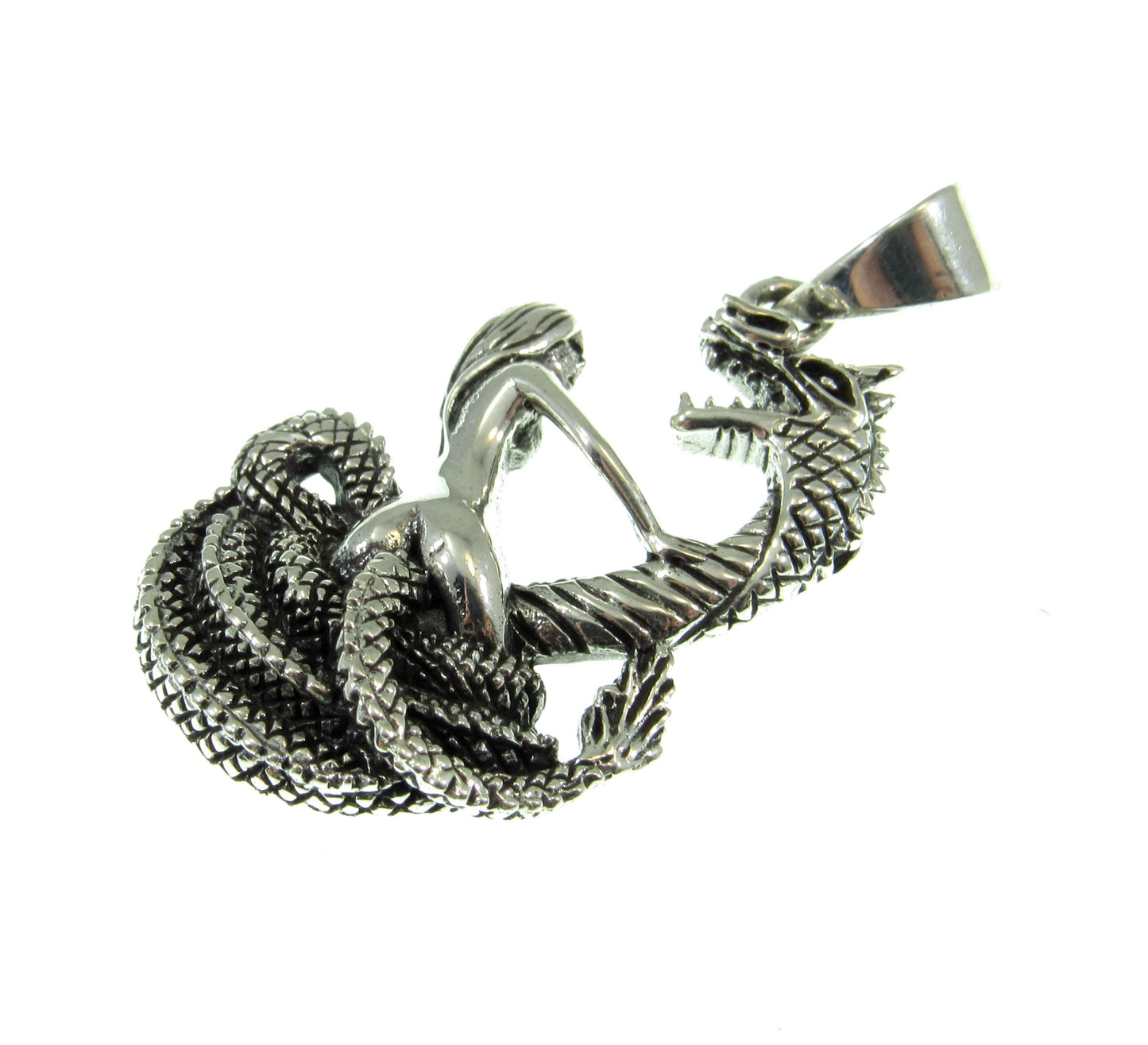 Solid 925 Sterling Silver Damsel in Distress Pendant, Woman & Mystical Serpent, Handcrafted Gothic Fantasy Jewelry, Lady and Snake Sculpture