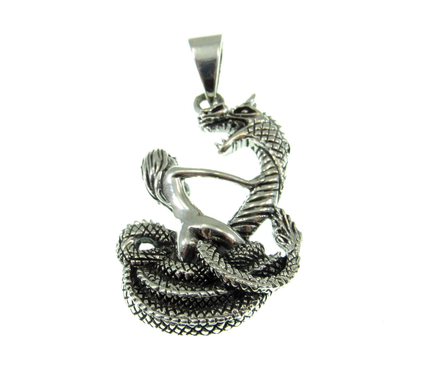 Solid 925 Sterling Silver Damsel in Distress Pendant, Woman & Mystical Serpent, Handcrafted Gothic Fantasy Jewelry, Lady and Snake Sculpture