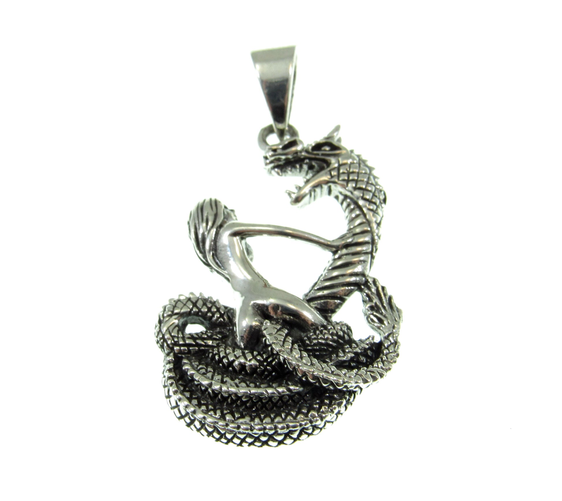 Solid 925 Sterling Silver Damsel in Distress Pendant, Woman & Mystical Serpent, Handcrafted Gothic Fantasy Jewelry, Lady and Snake Sculpture