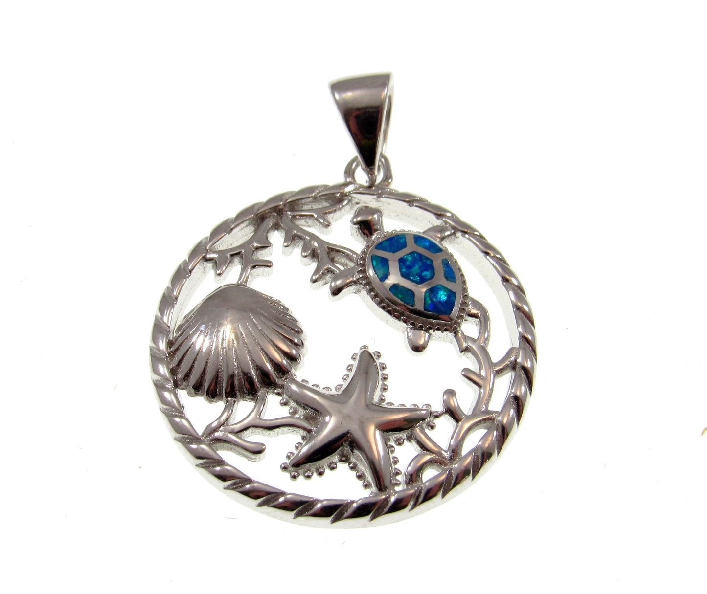 Sterling Silver Sea Life Pendant with Blue or White Lab Opal – Turtle, Starfish & Seashell Ocean Necklace Charm, Nautical Jewelry Gift