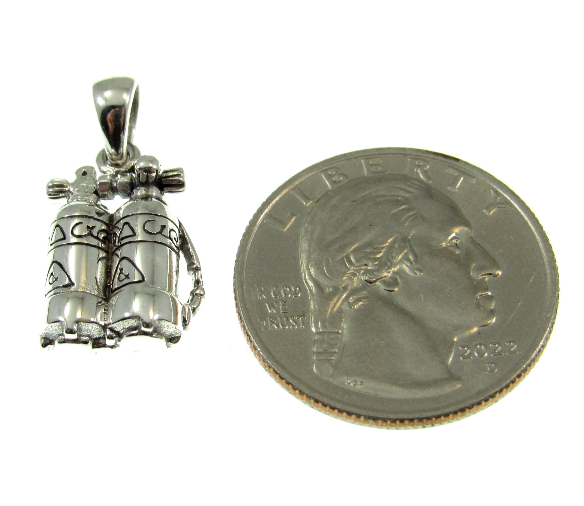 The sterling silver scuba diver air tanks pendant measures 7/8 inches long and 1/2 inches wide