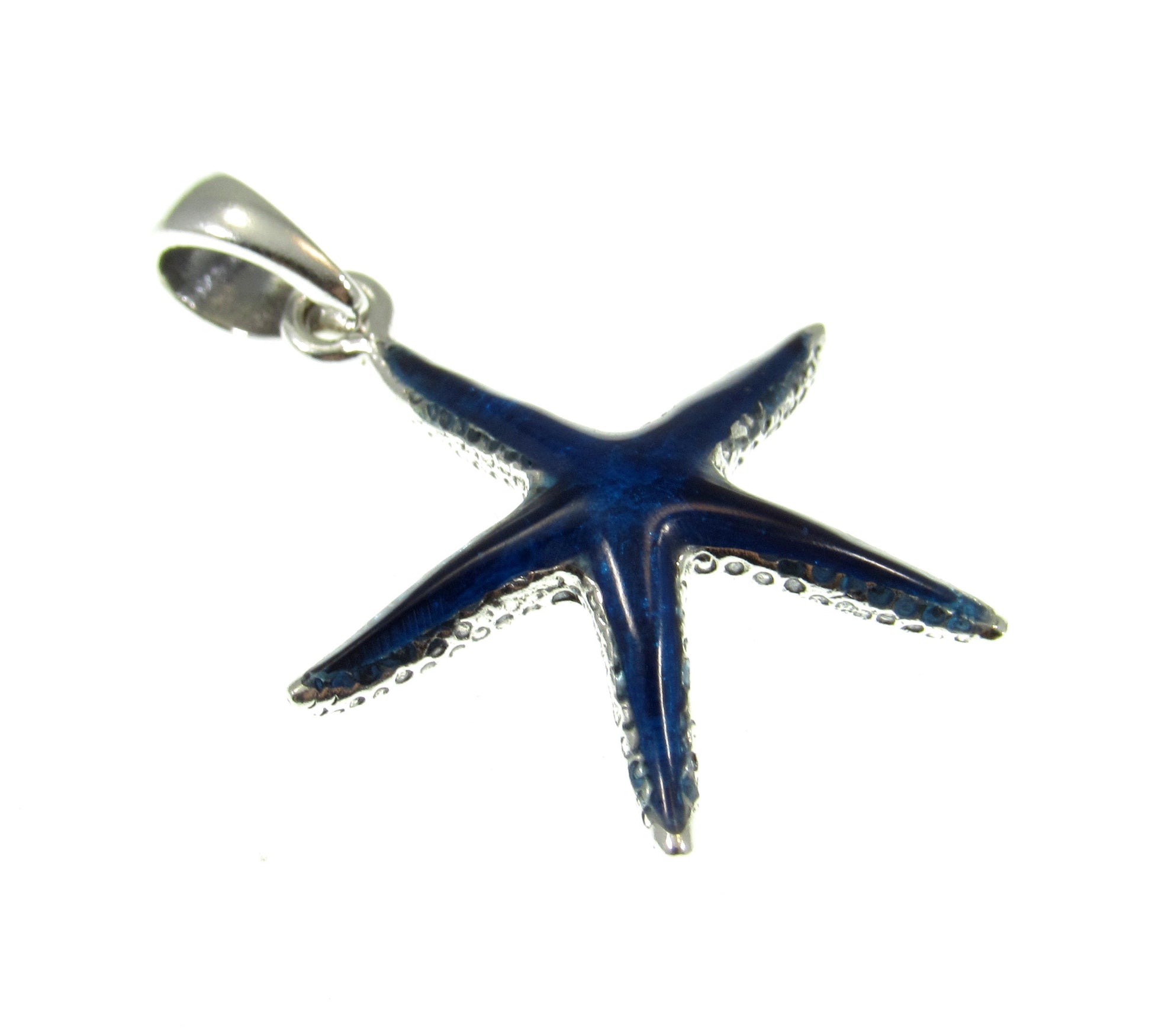 Solid 925 Sterling Silver & Inlaid Blue Enamel Starfish Pendant