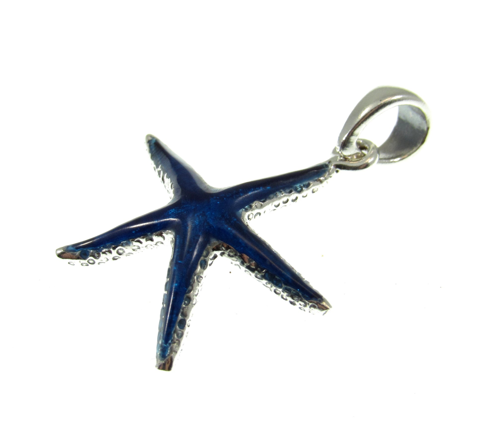 Solid 925 Sterling Silver & Inlaid Blue Enamel Starfish Pendant
