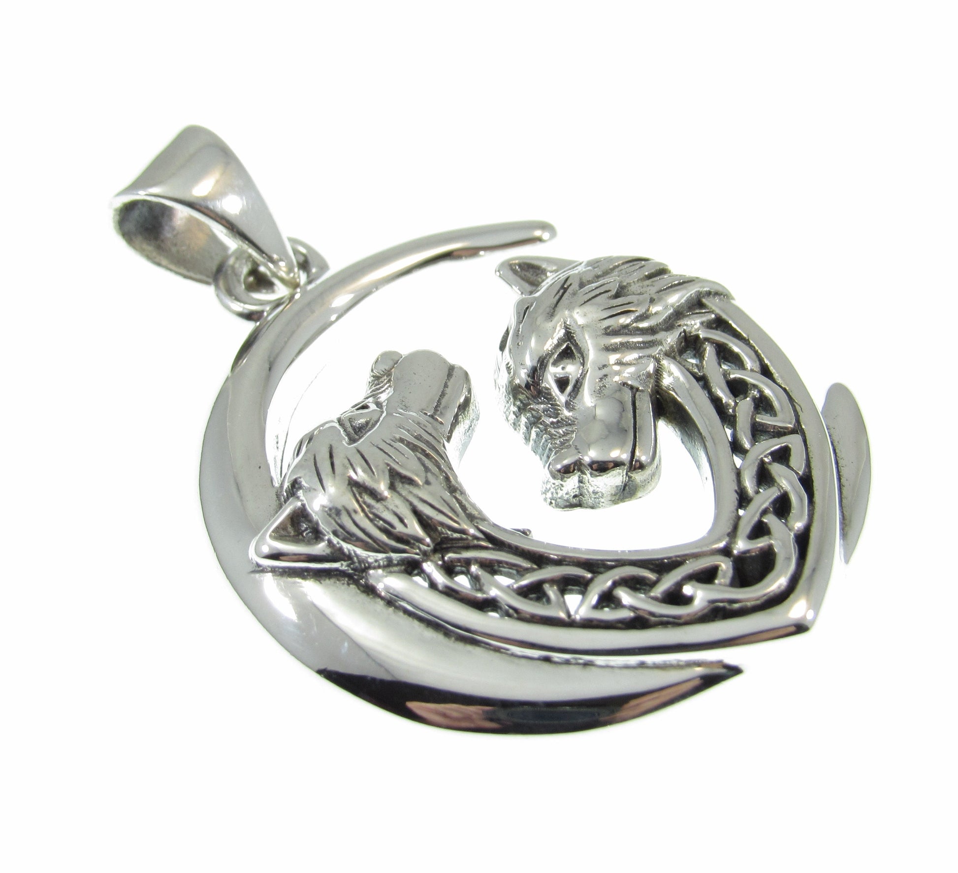 Solid 925 Sterling Silver Wolf Moon Celtic Knot Pendant, Handcrafted Jewelry With Two Wolves Under Crescent Moon, Unique Mystical Amulet
