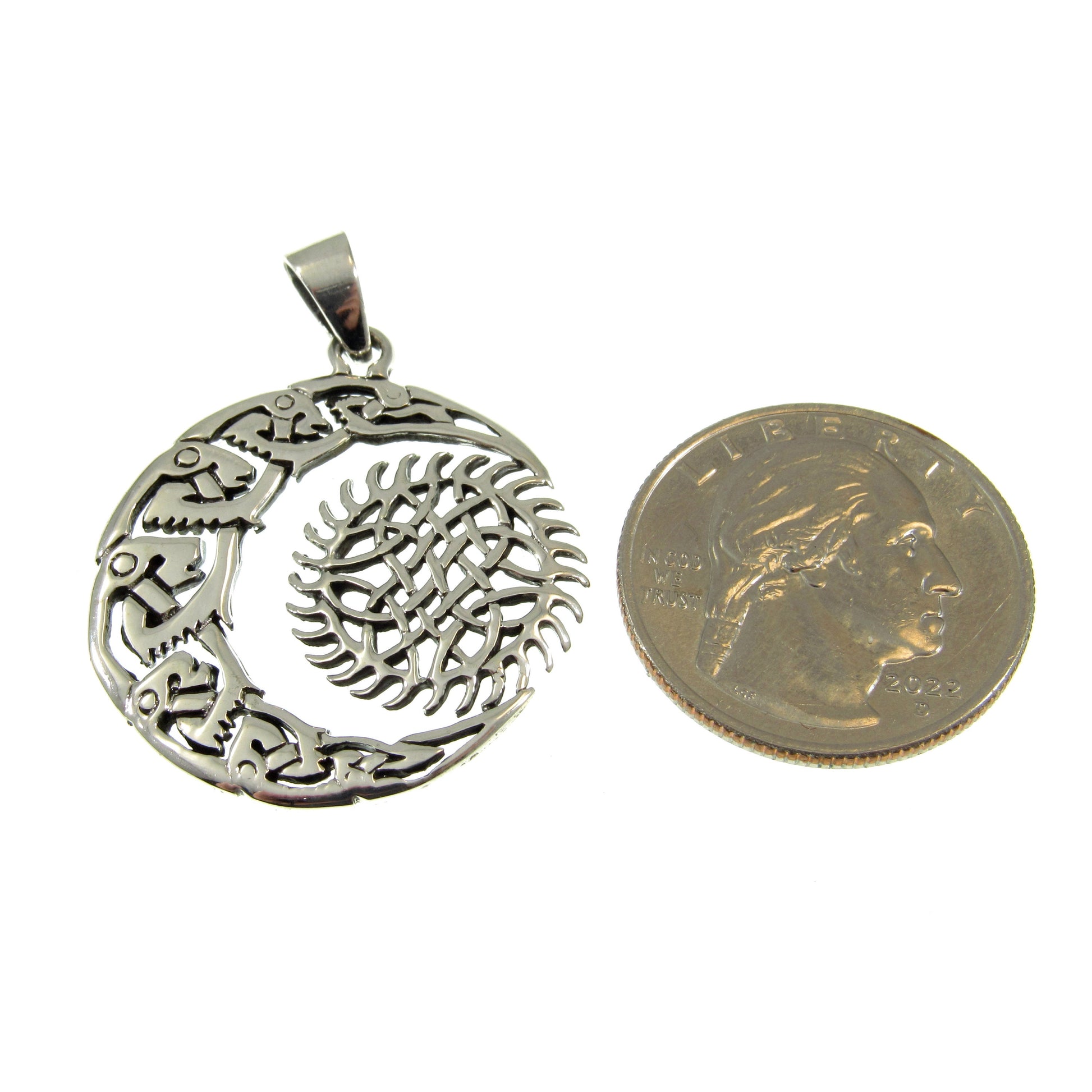 Solid 925 Sterling Silver Crescent Moon And Sun Pendant, Handcrafted Celestial Amulet with Celtic Knots