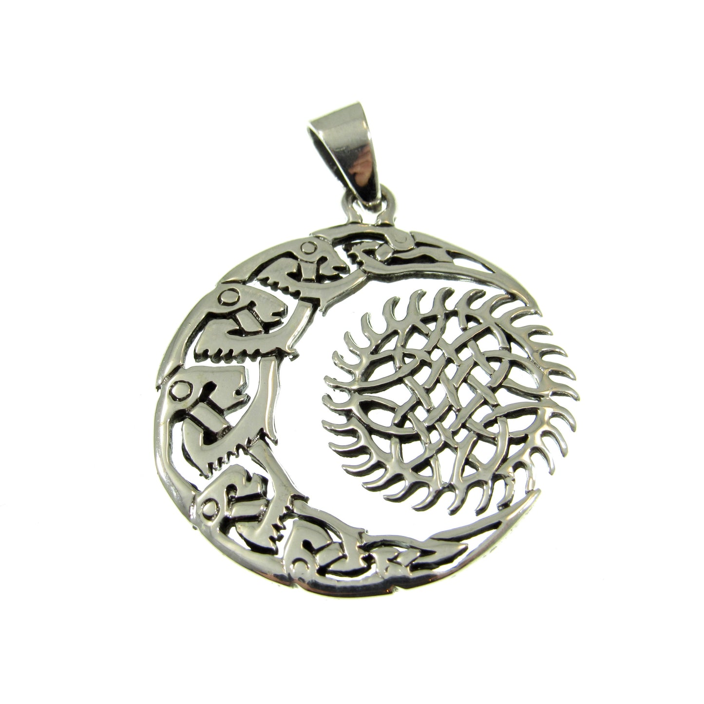Solid 925 Sterling Silver Crescent Moon And Sun Pendant, Handcrafted Celestial Amulet with Celtic Knots